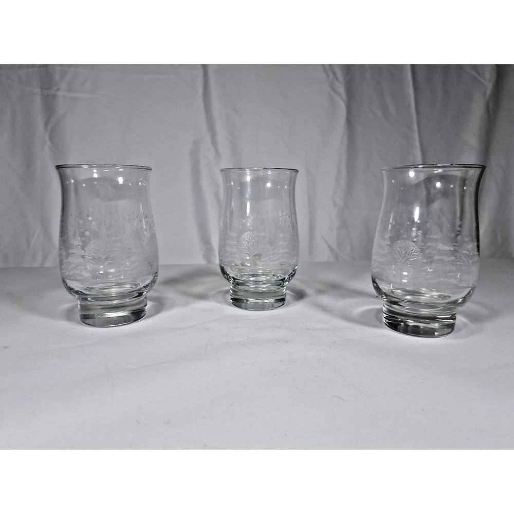 Set of 3 Winter Forest Frosted Glass Votive Candle Holders Gold Rim Christmas